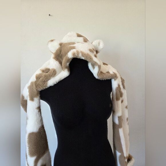 Ultra Soft Cow Print Hat Scarf Mitten Attached Furry Hood Ears Puppy Snow Bunny - Picture 7 of 8